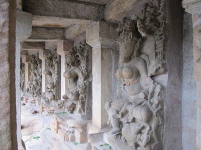 View of yoginī along the portico, with horse-faced Śrī Eruḍi, in foreground and pig- or deer-faced yogini. Temple of Bherāghāṭ. Photo by Chiara Policardi